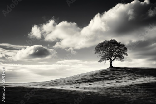 Solitary tree highlighting concepts of solitude, strength, and resilience on a minimalistic landscape