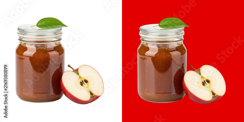 Glass jar of fresh apple jam and a sliced red apple fruit transparent png