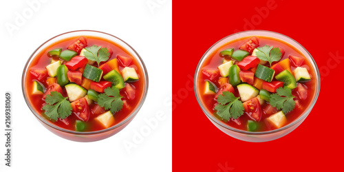 Fresh Vegetable Gazpacho Soup in a Glass Bowl Top View transparent png