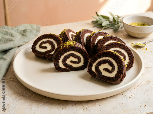 Delicious chocolate swiss roll slices arranged on a white plate with festive decor