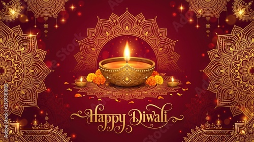 A beautiful festive background featuring a glowing diya lamp and intricate golden mandala patterns for a traditional happy diwali celebration