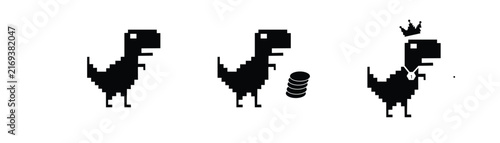 Pixel art retro dinosaur character collection featuring classic t-rex stack of coins and winner with golden crown and number one medal illustration