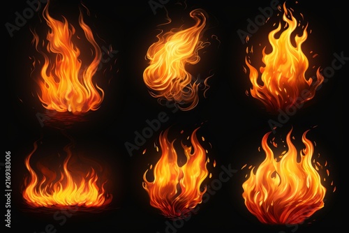 Various fire elements with bright orange and yellow flames burning on a dark background