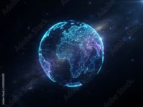 Digital glowing earth globe hologram floating in dark space with starfield