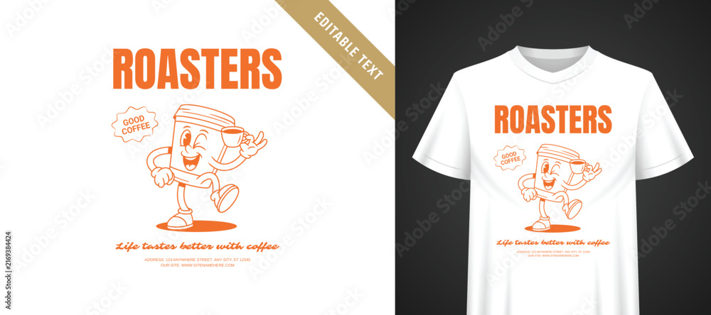 Naklejka premium Vibrant orange retro cartoon coffee mascot t-shirt print, dynamic dancing character, bold roasters typography, editable text template for casual coffee shop apparel designs