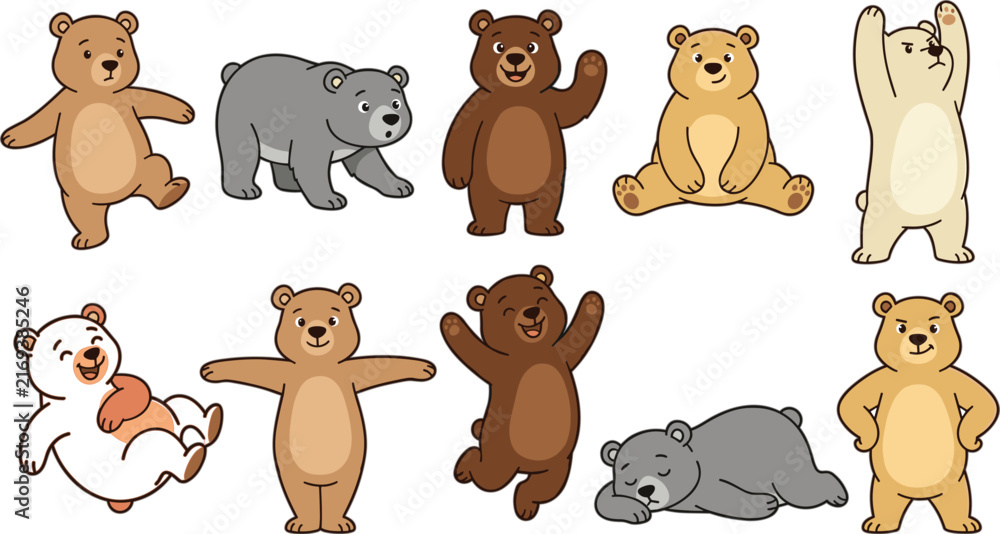 Obraz premium Cute Cartoon Bear Character Icon Set with Various Playful Poses Actions and Emotions for Kids Sticker Designs
