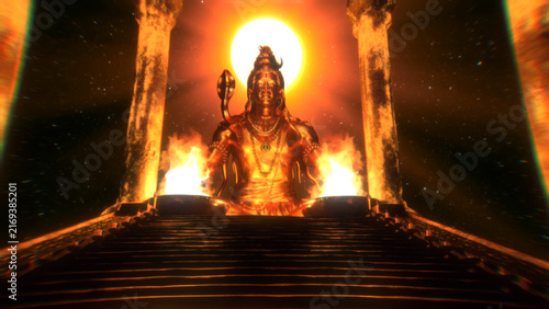 Принти на полотні Shiva meditates at the top of a long staircase with a radiant orange moon behind