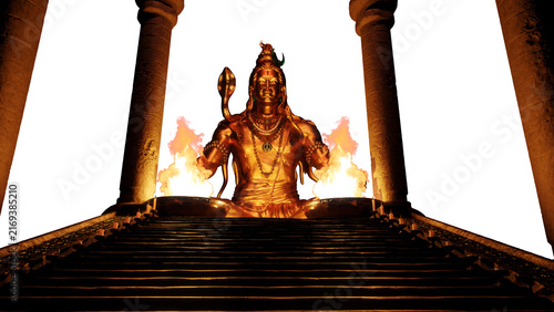 Fotografie A seated Shiva figure rises above temple stairs between tall columns and orange