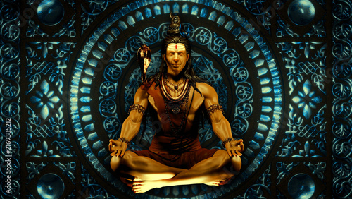 Картината върху платно A seated Shiva figure meditates inside a richly ornamented teal and blue circula