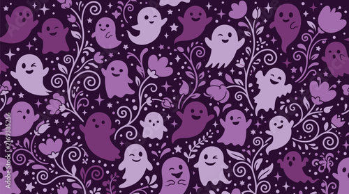 Cute cartoon ghost pattern with purple background floral branches and magical stars branches seamless background mystical celebration illustration