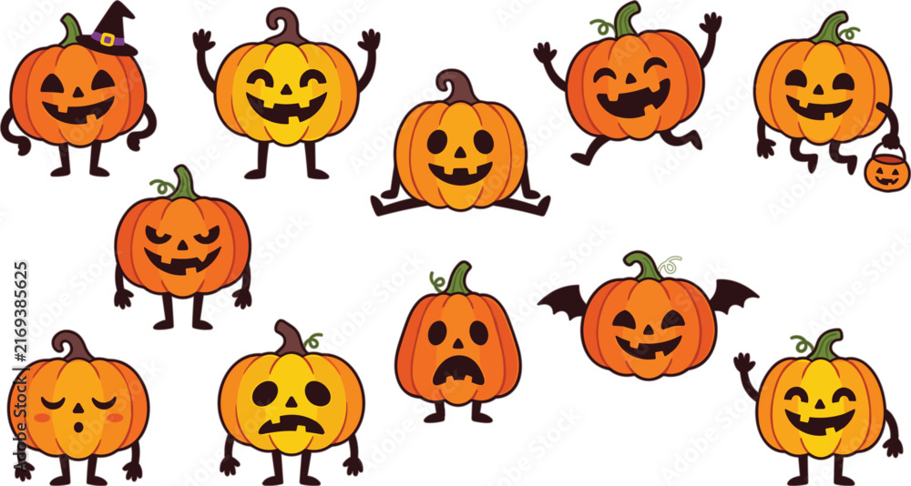 Fototapeta premium Cute Halloween Pumpkin Character Vector Set with Funny Jack O Lantern Face Expressions and Poses for Autumn Designs