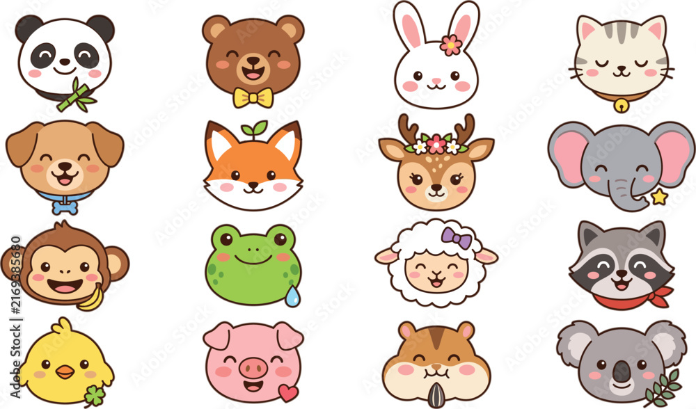 Obraz premium Cute Kawaii Cartoon Animal Face Avatar Vector Set with Sweet Happy Expressions for Children Graphic and Sticker Designs