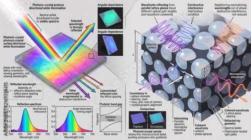 Infographic displaying photonic crystal structure and properties  