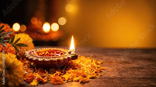 A beautiful traditional clay diya lamp glowing with warm light for the festive celebration of the indian diwali festival