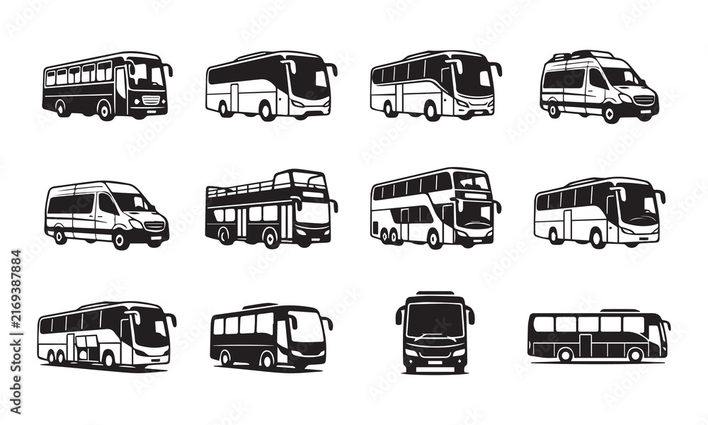 Obraz premium Monochrome vector graphics of various passenger coaches and shuttle van models.