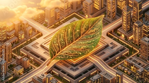 Green technology concept with digital circuit leaf in futuristic smart city at s - High Quality Commercial Stock Visual