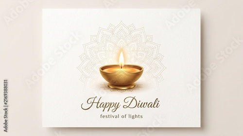 A beautiful glowing oil lamp diya placed on a light background for the traditional indian festival of diwali celebration