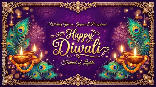 Beautiful happy diwali greeting card featuring glowing oil lamps and traditional peacock feather decorations on a deep purple background