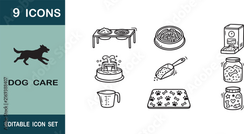 Pet Feeding Accessories Icon Set In Hand Drawn Doodle Style