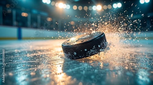 Action photography of hockey puck hitting iced floor with snow debris flying everywhere professional match atmosphere indoor stadium light illumination bright contrast details.