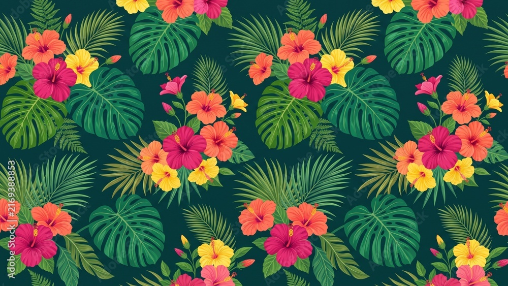 Seamless tropical wallpaper with hibiscus blossoms and lush botanical leaves. Premium repeating floral pattern perfect for summer wallpaper, fabric and lifestyle surface design.