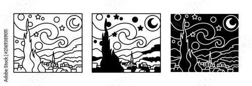 Starry night landscape with cypress tree, moon and stars outline solid styles, UI and web interface.