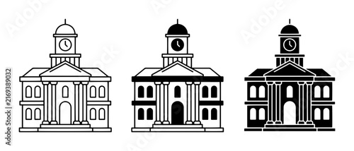 Courthouse building with clock tower outline solid styles, UI and web interface.