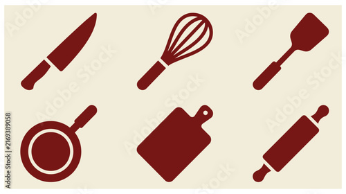 Set of red kitchen utensils and baking tools icons including chef knife whisk spatula frying pan cutting board and rolling pin with cooking spatula culinary icons kitchenware symbols