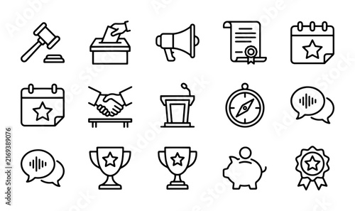 Gavel, voting box, megaphone, document and calendar outline solid styles, UI and web interface.