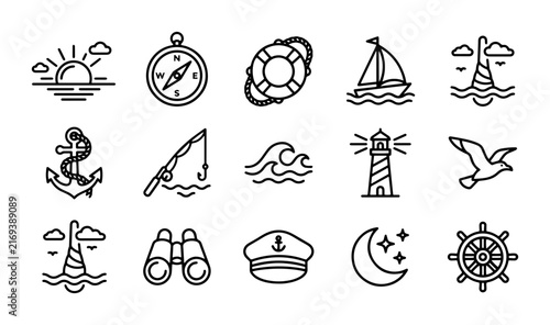 Nautical and marine travel icons with compass, sailboat, lighthouse, anchor, and captain hat outline solid styles, UI and web interface.
