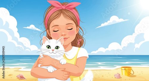 Cute friendly kitten and little girl hugging on cheerful summer beach scene near blue ocean with sand, shell decorations, sunny sky with clouds vector illustration for web or baby greeting card