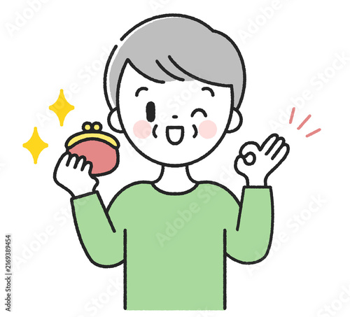 財布を持ってOKサインをするシニア男性
