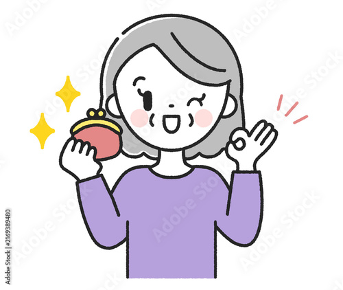 財布を持ってOKサインをするシニア女性
