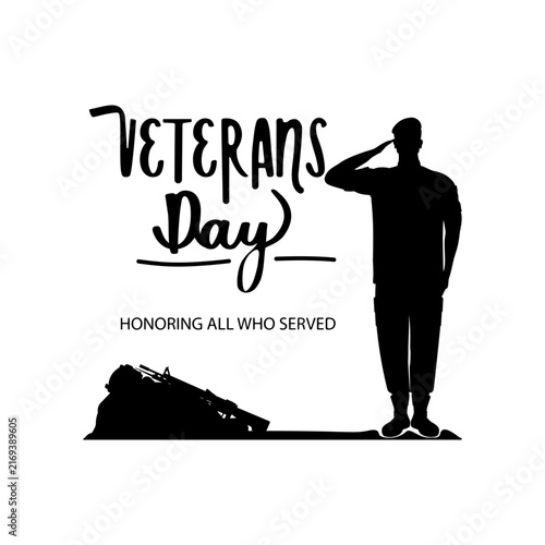 Patriotic black and white vector element designed for Veterans Day celebration. Silhouette of brave soldier performing official military salute, placed on battlefield. Suitable for commemorative poste