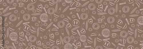 Vector seamless pattern with hand drawn illustrations of bakery, pastries and sweet products on a warm brown background. Detailed repeating texture showcases cute linear illustrations of donuts, crois