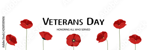 Veterans Day banner, perfect for web headers, digital banners, and greeting backgrounds. Set against a clean white background, the vector graphic features a crisp black lettering that says 