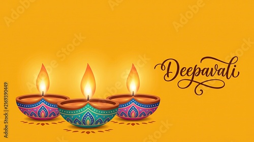 Beautiful decorative oil lamps glowing in the dark for the traditional indian festival of diwali celebration background design