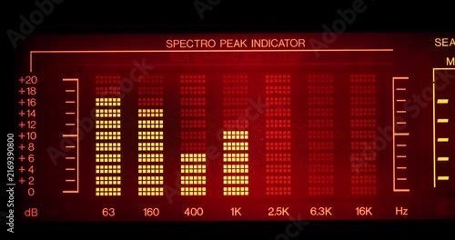 Vintage audio equalizer spectro peak indicator display showing illuminated orange level bar meters bounce to sound