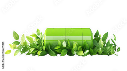 Green cylindrical container surrounded by lush foliage on white background