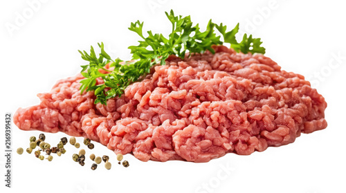 Fresh raw ground meat topped with green parsley with minced meat garnished
