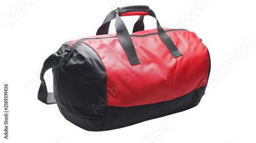 Red and black duffel bag isolated on a clean white studio background