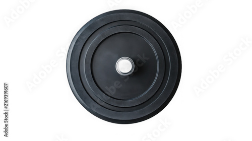 A black rubber weight plate for a barbell isolated on a white background