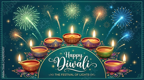 Beautiful festive background featuring glowing oil lamps and colorful fireworks to celebrate the traditional hindu festival of diwali