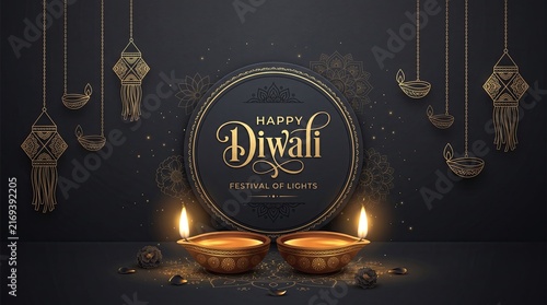 Elegant diwali greeting card design featuring traditional oil lamps and golden decorative elements on a dark background