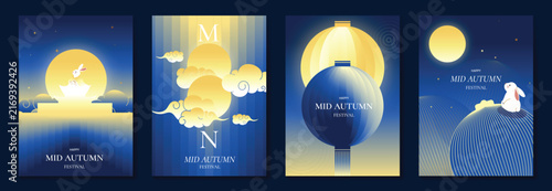 Mid Autumn Festival poster templates vector. Asian moon celebration designs with rabbit, lantern, clouds and floral elements for greeting card, banner, invitation and social media