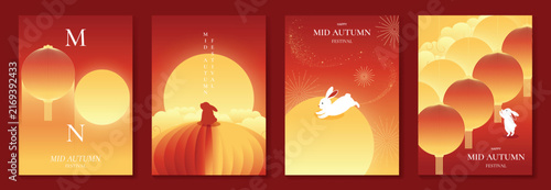 Mid Autumn Festival poster templates vector. Asian moon celebration designs with rabbit, lantern, clouds and floral elements for greeting card, banner, invitation and social media