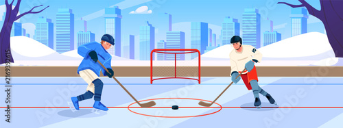 Canvas Print Ice hockey players match at ice stadium with winter cityscape, vector flat athle