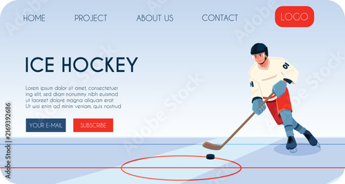 Canvas Print Ice hockey landing page vector flat design, sport player wearing uniform slides