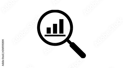 Minimalist vector graphic illustration showing a magnifying glass focused on rising financial bar chart business data