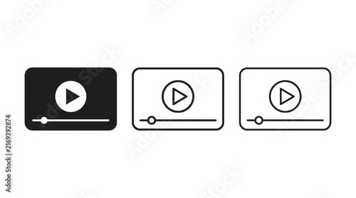 Play button video player icons set featuring minimalist flat vector graphic design for web interface